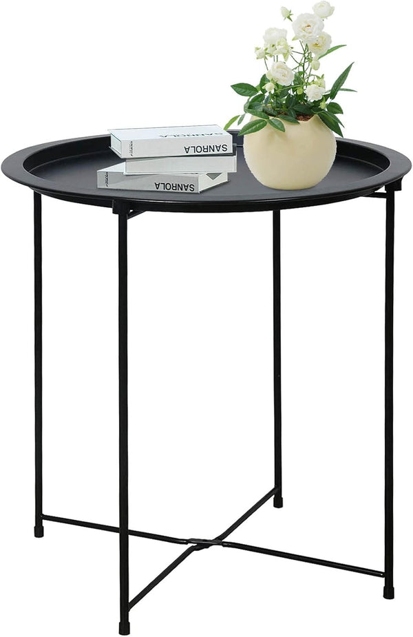 Garden 4 you End Table Metal Side Table Black Round Folding Tray