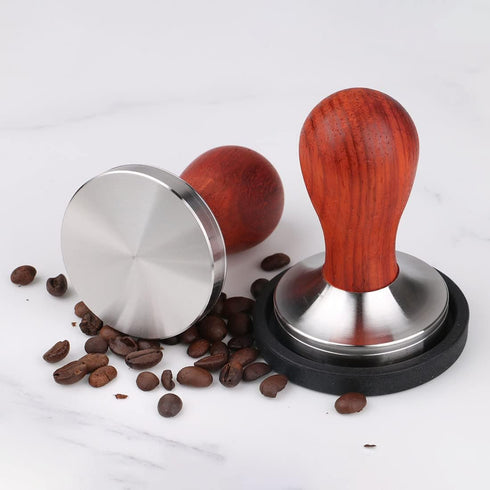 Coffee Tamper 58mm Barista Espresso Press with Tamper Mat, 304 Stainless Steel Base, Wooden Handle