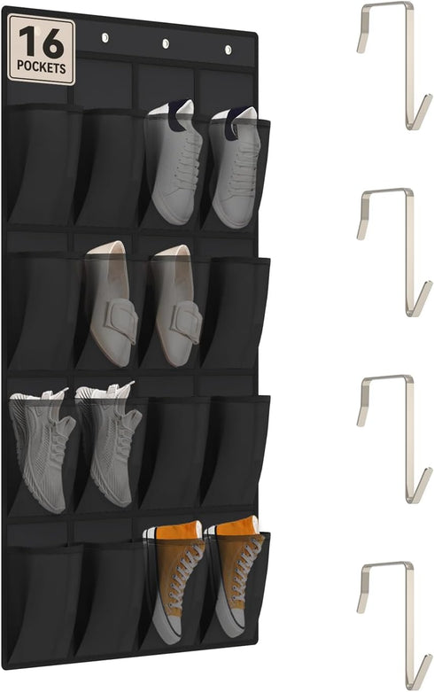 dodowin Over the Door Shoe Organizer Rack, 16 Large Breathable Mesh Pockets,