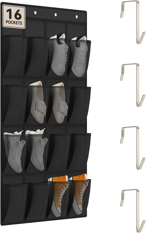 dodowin Over the Door Shoe Organizer Rack, 16 Large Breathable Mesh Pockets,