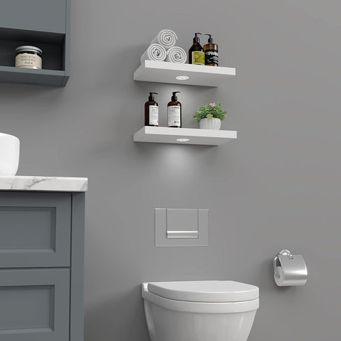 WELLAND White Floating Shelf with Motion Sensor Light, Wall Mounted Storage Shelf, Floating Nightstand for Bedroom