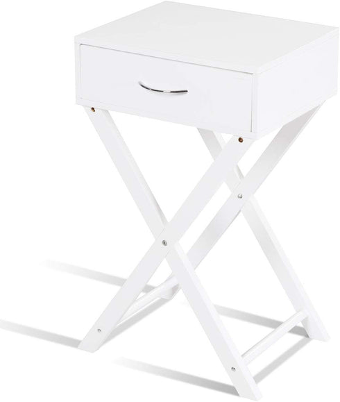 Table(1,White) Giantex Nightstand with Drawer X-Shaped Design Sofa Side Table for Living Room Bedroom Accent Furniture