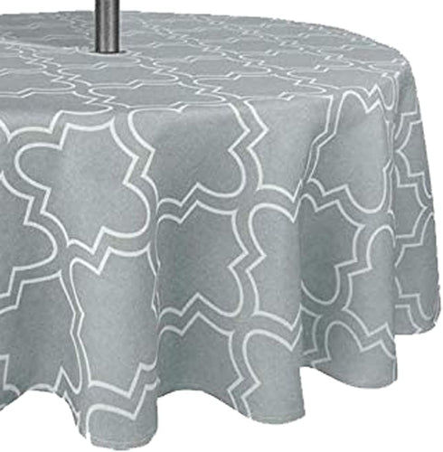 Tektrum 60 inch Round Moroccan Quatrefoil Outdoor Tablecloth with Umbrella Hole, Spill Proof Zippered Table Cover