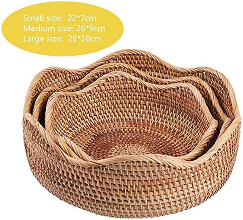 Handmade Rattan Round Fruit Basket, Food Storage Bowls Kitchen Organizer Snack Serving Bowl (Small 8.7", Boho Home