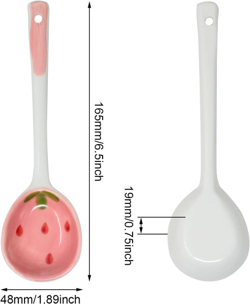 Honbay 4PCS Long Handle Ceramic Soup Spoons Strawberry Pattern Tablespoons Cute Porcelain Spoon for Breakfast Cereal Rice Yogurt Appetizers and Desserts