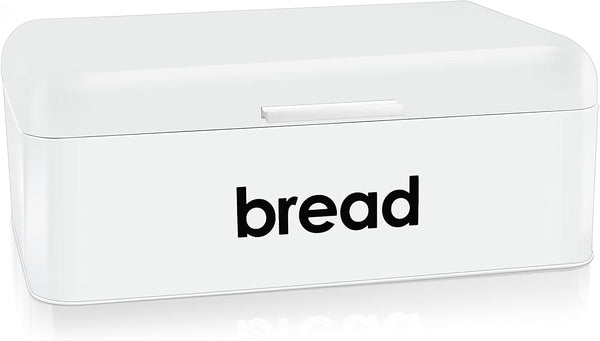 E-far Vintage White Metal Bread Box for Kitchen Countertop, Retro Storage Container for Pastries and Loaves (16.7” x 9”