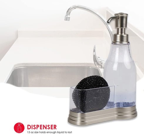 Home Basics Plastic Soap Dispenser with Fixed Sponge Holder and Brushed Steel Top, Chrome