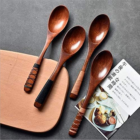4pc Handmade Japanese Style Wooden Soup Spoons with Tied Line on Handle
