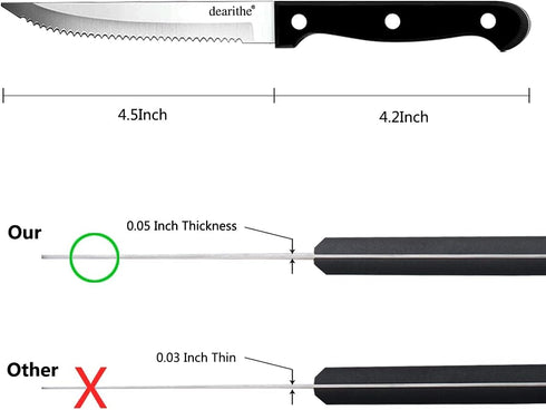 Steak Knives Set of 6, Black Full-Tang Triple Rivet Serrated Stainless Steel Sharp Blade Flatware Steak Knife Set, 4.5 Inches, For Restaurant Kitchen Camping, Dishwasher Safe by dearithe