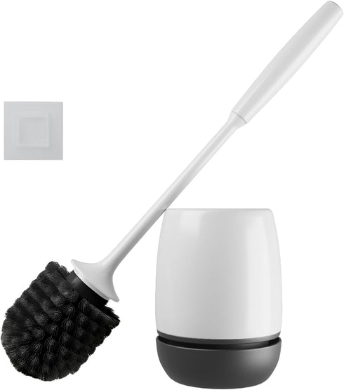Toilet Brush and Holder Set for Deep Cleaning, Stiff Plastic Bristle, Ventilated Holder (Black Head)