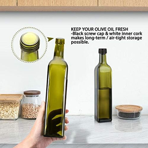 AOZITA 17oz 500ml Glass Olive Oil Bottle Dispenser - Green Oil and Vinegar Cruet with Pourers and Funnel - Olive Oil