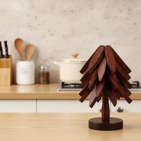 Heaocv Walnut Tree Table Mat,Wooden Table Mat Tree,Foldable Trivets for Hot Dishes,Non-Slip Heat Insulated Folding Wood
