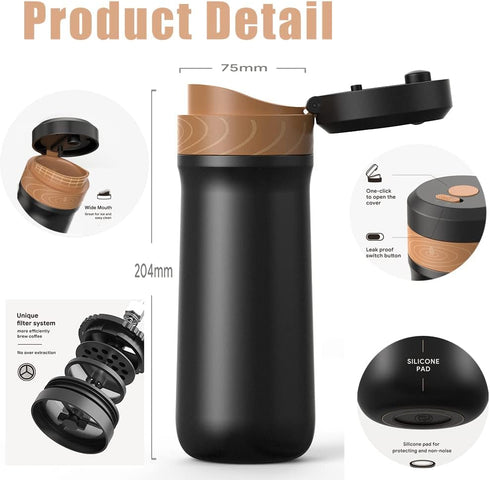 Classic Portable French Press Coffee Mug, 12 oz Stainless Steel Coffee Maker with Carry Loop
