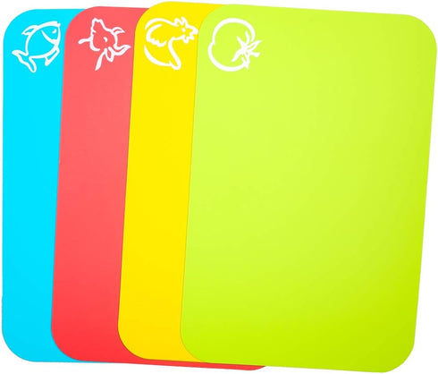 Small Flexible Plastic Cutting Board Mats, Set of 4 with Food Icons, Gripped Back, Dishwasher Safe
