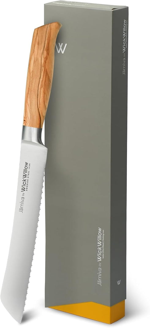 WICKWILLOW 8 Inch Bread Knife 14C28N Steel with Italian Olive Wood Handle Double