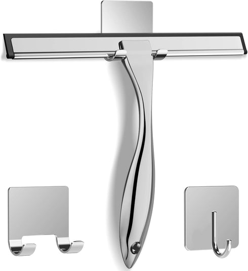All-Purpose Stainless Steel Shower Squeegee, 10 Inch with 2 Adhesive Hooks, Bathroom Cleaner Tool for Glass, Tile, Car