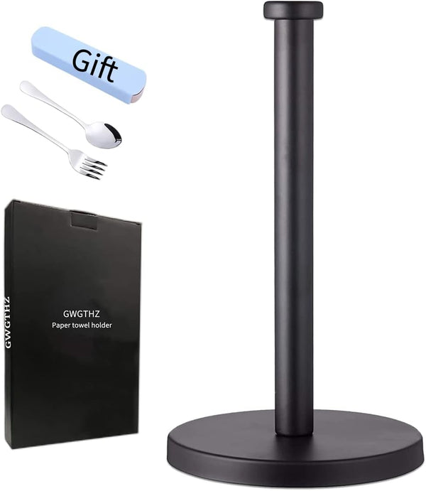 Stainless Steel Paper Towel Holder, Black Countertop Stand for Kitchen Bathroom with Weighted Base for Standard Rolls