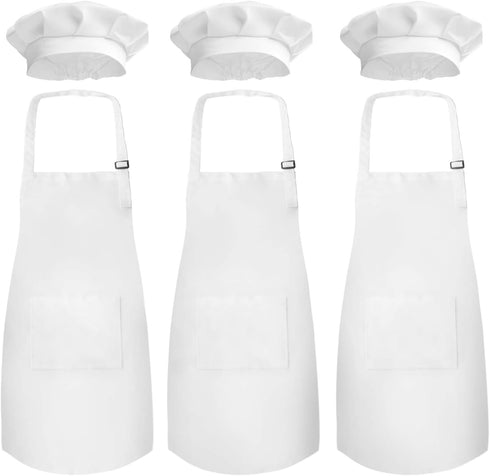 Novelty Place Kid's Apron with Chef Hat Set (3 Set), Skin-friendly Children’s Bib with Pocket for Cooking, Baking,