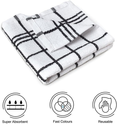 Encasa Terry Cloth Rags, Absorbent Dish Towels for Kitchen Drying and Cleaning, Pack of 12 in Terry Black