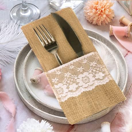 FQTANJU 50 PCS Burlap Lace Utensil Cutlery Holders Pouch for Rustic Wedding Party Decorations, 4"x8"