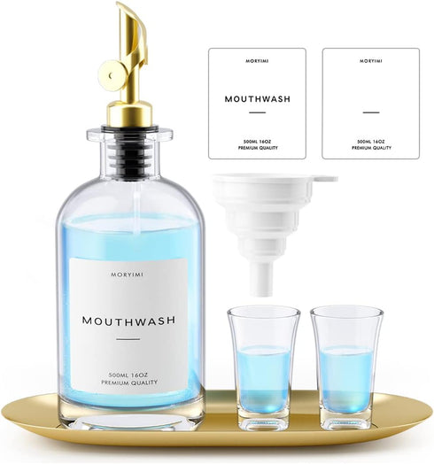Moryimi Mouthwash Dispenser, 16oz Glass Mouthwash Decanter for Bathroom, Mouth Wash Container