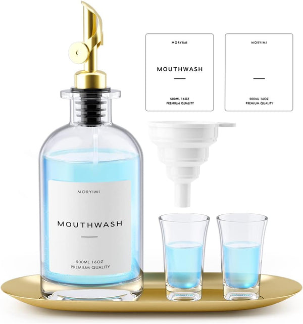 Moryimi Mouthwash Dispenser, 16oz Glass Mouthwash Decanter for Bathroom, Mouth Wash Container