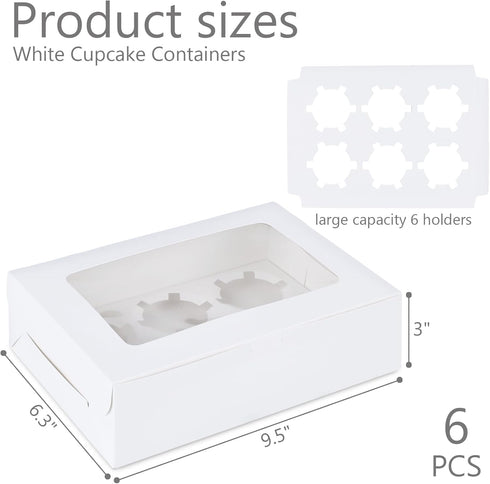 6PCS White Cupcake Containers, Cupcake Carrier 6 Count with Window Boxes Holding 36 Pastry Box for Birthday Holiday Party Bakery Supplies