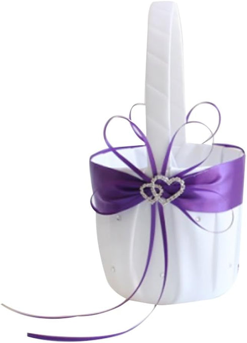 2PCS Purple Flower Girl Basket - Double Heart Rhinestone Elegant for Wedding Ceremony Party Favor