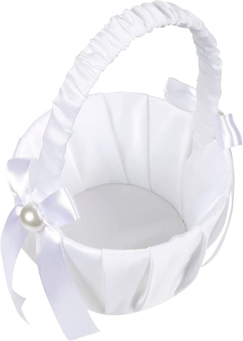 White Flower Girl Basket with Satin Bowknot & Pearl Design - 8 x 5.2 x 6 Inch, Ideal for Wedding Party Accessories