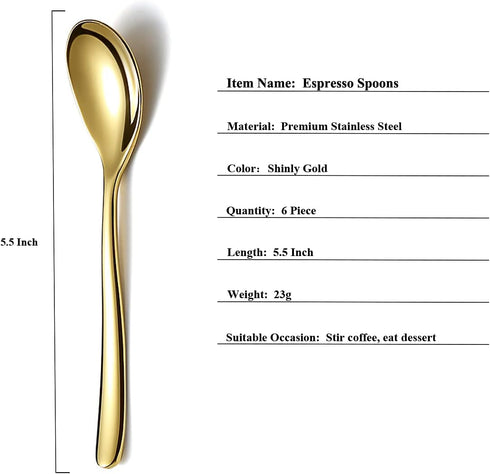 Gold Demitasse Espresso Spoons, 5.5'' Mini Coffee Spoons, Stainless Steel Small Spoons,Tea Spoons for Dessert, Set of 6, Dishwasher Safe