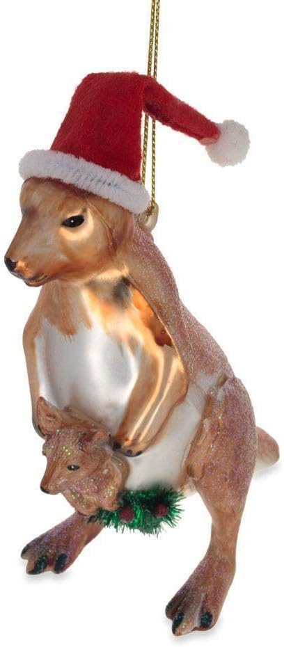 Santa Kangaroo Mom Carrying Baby in Pouch Blown Glass Ornament, Christmas Decoration