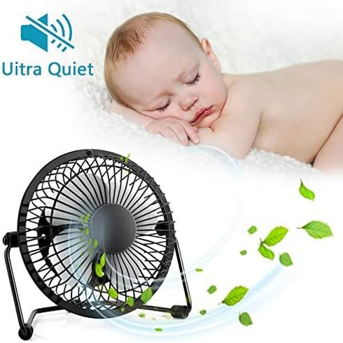 xasla 4 Inch Mini USB Desk Fan (Black), Quiet Fan with Metal Construction, Strong Airflow, 360° Adjustable Tilt Angle