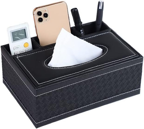 PU Leather Tissue Box Cover, Multifunctional Holder with Stationery Remote Control Box, Elegant Home Napkin Holder
