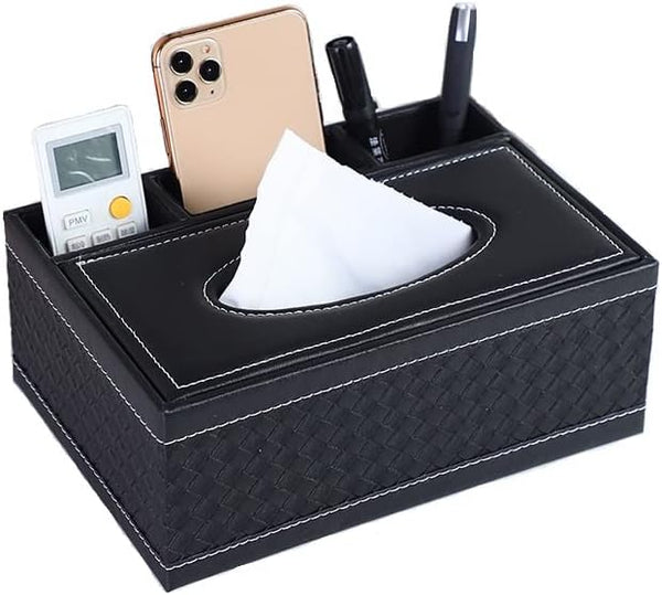 PU Leather Tissue Box Cover, Multifunctional Holder with Stationery Remote Control Box, Elegant Home Napkin Holder