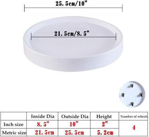 10inch 2Pack (10inch) Mobile Plant Stands with Wheels White Plant Caddy with Hidden Wheels,Flower Pots Rolling