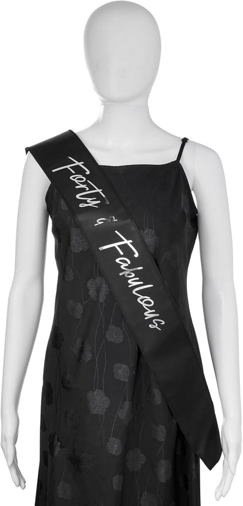 BLUE PANDA - 40th Birthday Sash and Tiara for Women, Forty and Fabulous Party Decorations (Black Satin)