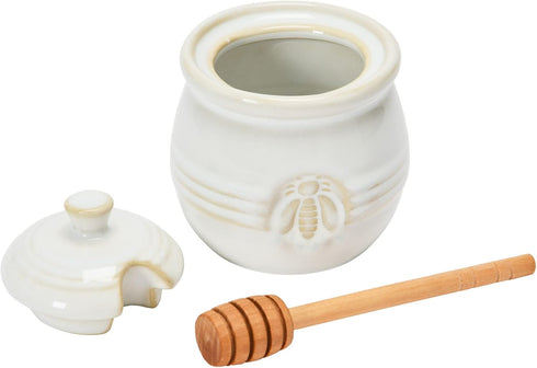 Whimsical White Stoneware Honey Pot with Wooden Dipper - Farmhouse Style