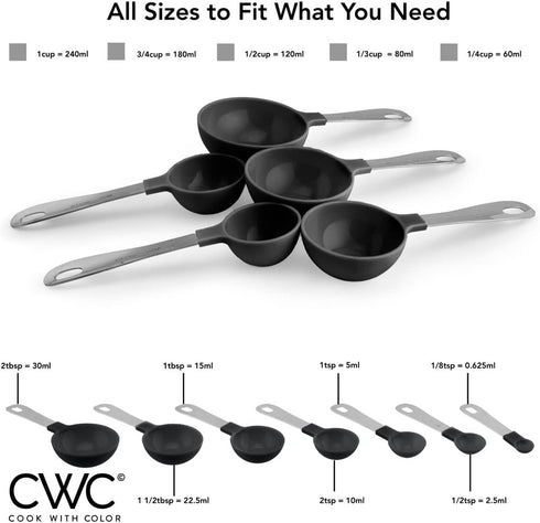 COOK WITH COLOR 12 PC Measuring Cups and Spoon Set, Stainless Steel Handles, Nesting Kitchen Liquid Measuring Set, Black