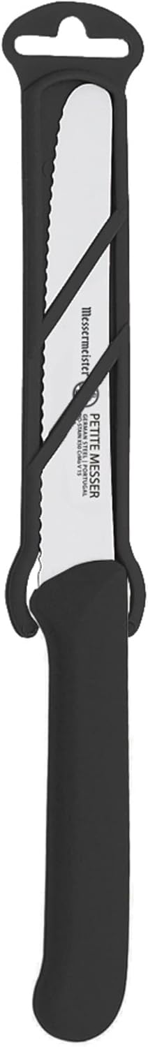 Messermeister 4.5” Serrated Tomato Knife with Matching Sheath, Black, German Steel Alloy, Rust Resistant