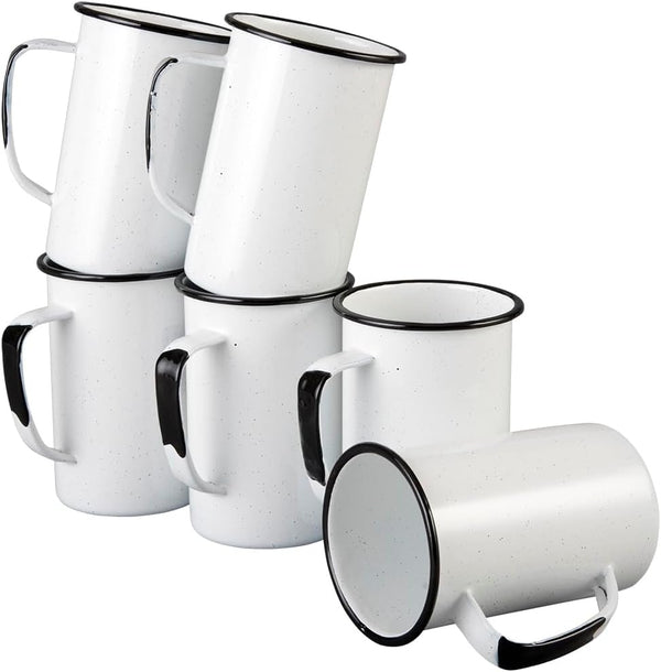 20 Oz Enameled Steel Mug Set of 6, Durable Indoor/Outdoor Use, Reusable & Stackable, Speckled White