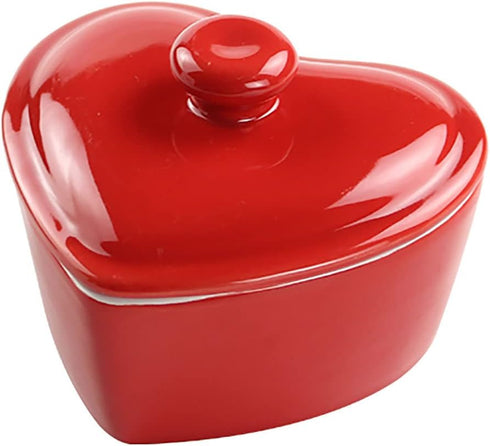 Heart-Shaped Ceramic Baking Bowl with Lid, 5 OZ Rice Bowl - Red
