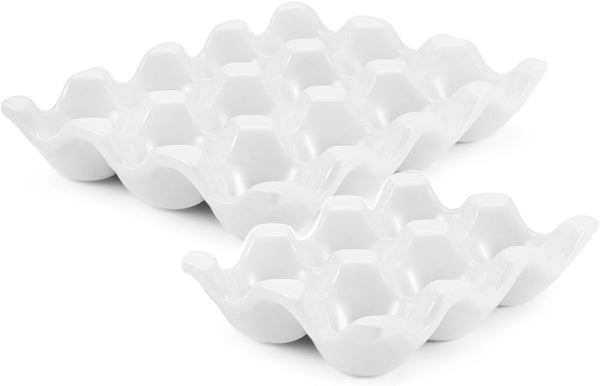 Flexzion 12 + 6 Cups Ceramic Egg Holder - 18 Porcelain Egg Tray Container for Refrigerator Countertop Display