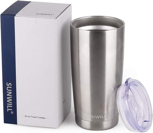 SUNWILL 20 oz Travel Coffee Tumbler, Stainless Steel Insulated Mug with Lid for Hot and Cold Drinks, Silver
