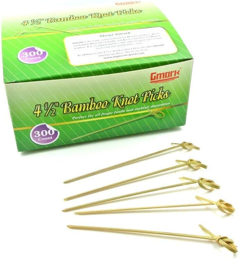 Gmark Bamboo Cocktail Picks 4.5" 300 ct - Looped Knot Skewers, Twisted Ends for Cocktail Party, Barbeque, Club