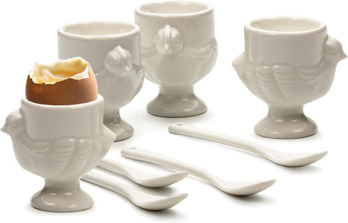 RSVP International Poached Egg Spoon, 4 Piece Set for Jam, Honey or Soft Boiled Eggs, 5.5" Length, White Porcelain