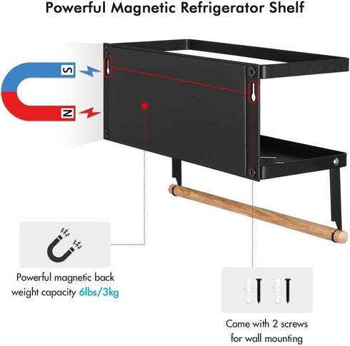 Magnetic Spice Rack for Refrigerator, Magnetic Paper Towel Holder, 2 Hooks, Kitchen Storage Organizer for Spices and