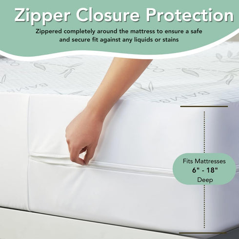 Mattress Protector Bamboo Rayon with Zipper - 100% Waterproof Cooling Cover - Ultra Soft Breathable Noiseless Encasement