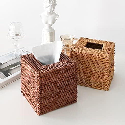 Rattan Tissue Box Cover, Natural Woven Facial Napkin Holder Square (Honey Brown, 5.5x5.5x5.9 Inch)
