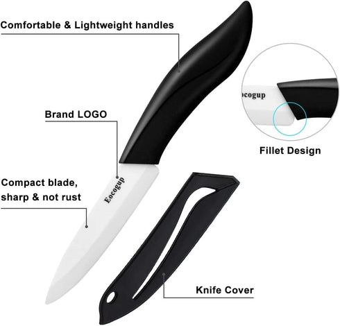 Paring Knife, Large Handle and Super Sharp Ceramic Knife Blade of 4 Inch,Rust Proof Stain Resistant,ABS Handle(Black). by Eocogup