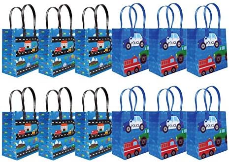 Tiny Mills Cars Fire Trucks Transportation Party Favor Bags, Pack of 12 Treat Bags with Handles for Toddler Birthday